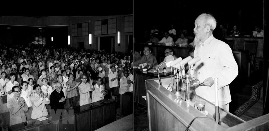  Tại kỳ họp thứ 3, Quốc hội khóa III ngày 16/4/1965, Hồ Chủ tịch phát biểu kêu gọi đồng bào và chiến sỹ cả nước tiến lên quyết tâm đánh thắng giặc Mỹ xâm lược. (Ảnh: TTXVN)