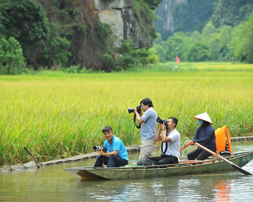 Đây cũng là thời điểm khu du lịch nổi tiếng ở Ninh Bình đẹp nhất trong năm, hai bên bờ sông Ngô Đồng vàng rực, trải dài như dải lụa làm say đắm lòng người. (Ảnh: Minh Đức/TTXVN)