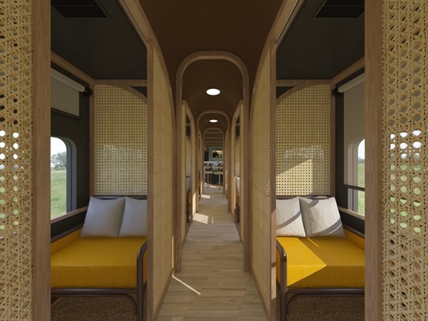 The inside of Vietage, a 12-seater train coach that will be added to the daily return service between Da Nang and Quy Nhon cities in early July. (Photo Courtesy of Minor Hotels)