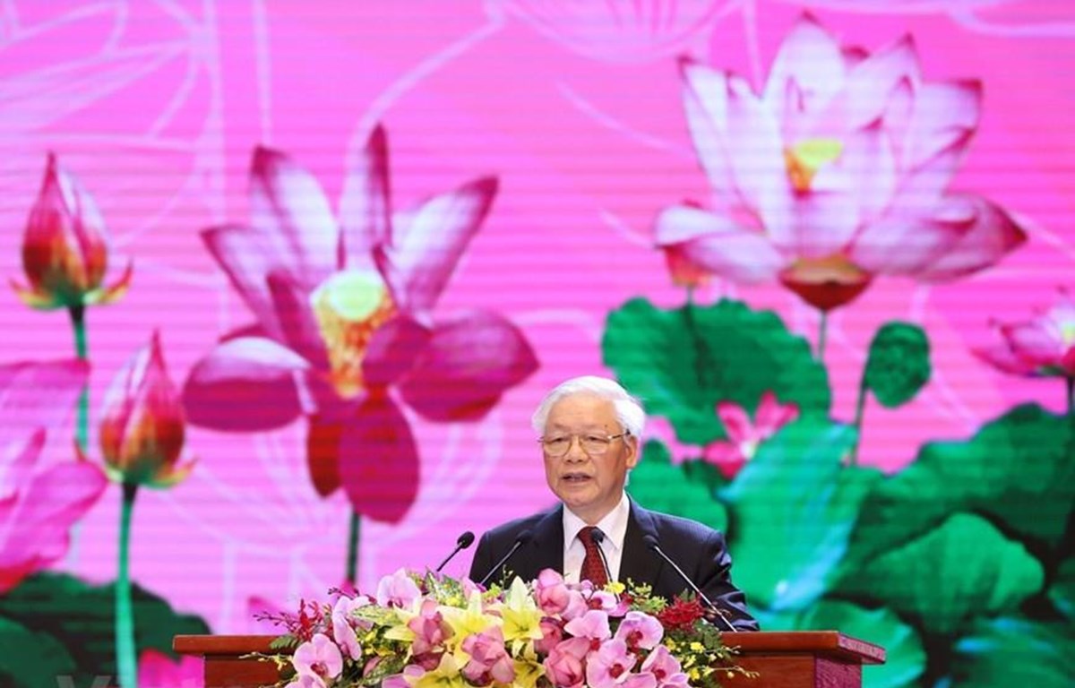 Tổng Bí thư, Chủ tịch nước Nguyễn Phú Trọng đọc diễn văn tại Lễ kỷ niệm. (Ảnh: PV/Vietnam+)