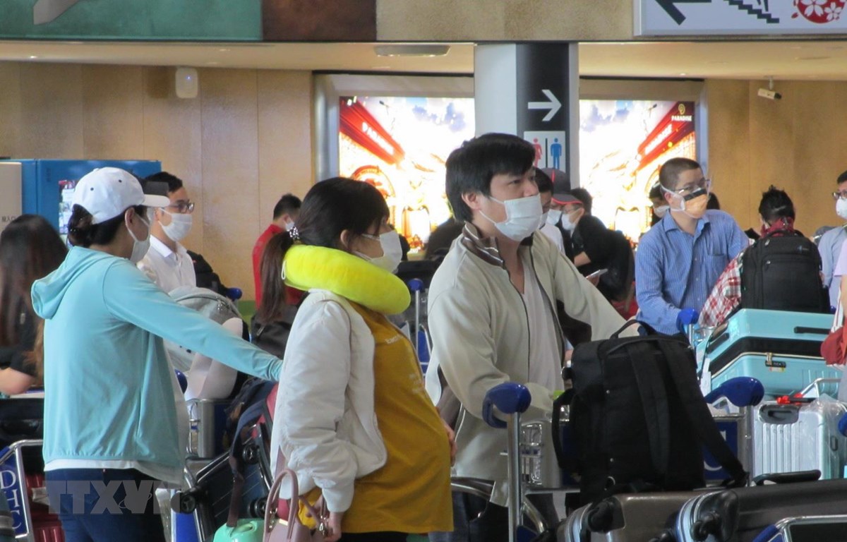 Công dân xếp hàng chờ làm thủ tục tại quầy của Vietnam Airlines ở sân bay Narita. (Ảnh: Đào Thanh Tùng/TTXVN)