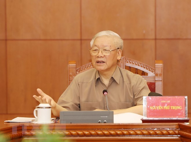 •        Tổng Bí thư, Chủ tịch nước Nguyễn Phú Trọng, Trưởng Ban Chỉ đạo phát biểu kết luận cuộc họp. (Ảnh: Trí Dũng/TTXVN)