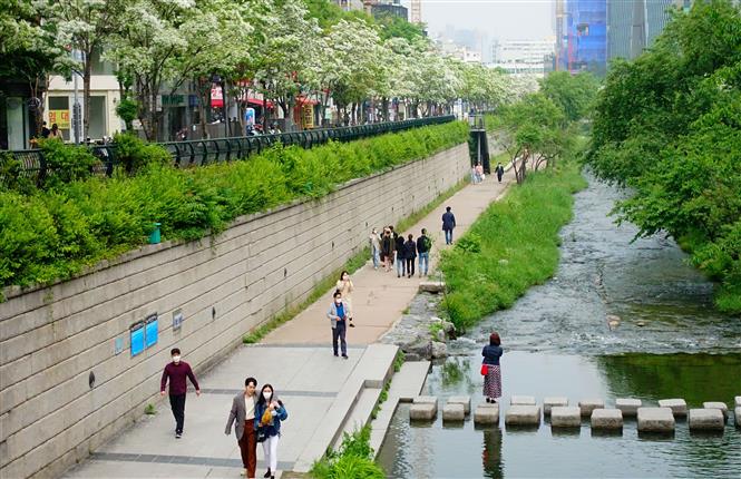 Người dân di chuyển trên đường phố tại Seoul, Hàn Quốc ngày 10/5/2020. Ảnh: THX/ TTXVN