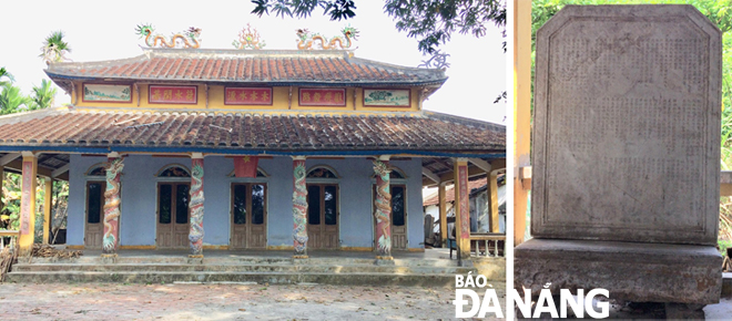 Nhà thờ Tiền hiền Hà Lam (ảnh trên) và một trong chín văn bia của Văn thánh huyện Lễ Dương được lưu giữ tại đây. Ảnh: N.T
