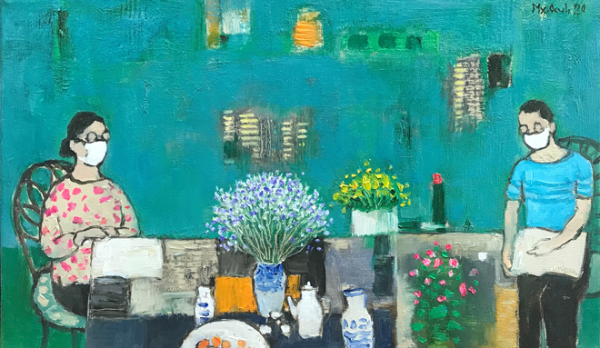 Bức sơn dầu Căn phòng màu xanh của họa sĩ Mai Xuân Oanh.