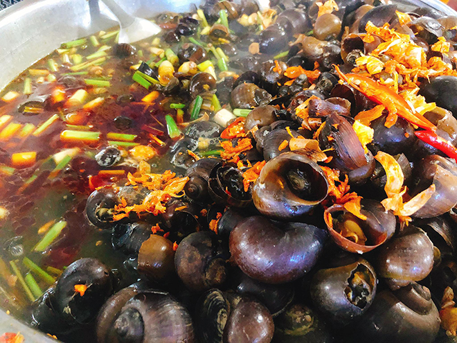 A plate of very spicy ‘Oc hut’ (sucking snails) served with a spicy ginger fish sauce