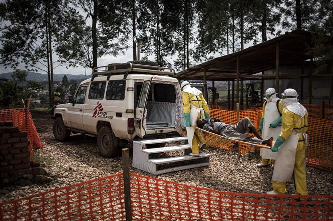  Nhân viên y tế chuyển bệnh nhân nhiễm virus Ebola lên xe cứu thương tại Butembo, CHDC Congo ngày 10/11/2018. Ảnh: AFP/TTXVN
