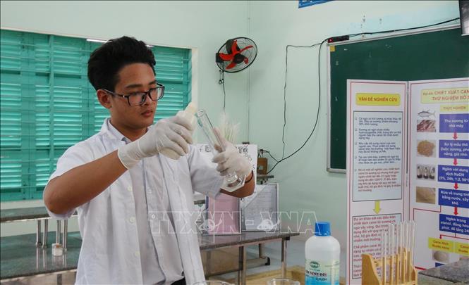 Em Trịnh Hoàng Long pha chế ngâm hóa chất với xương cá ngừ đã qua xử lý thô trong phòng thí nghiệm của trường THPT Nguyễn Văn Trỗi. 