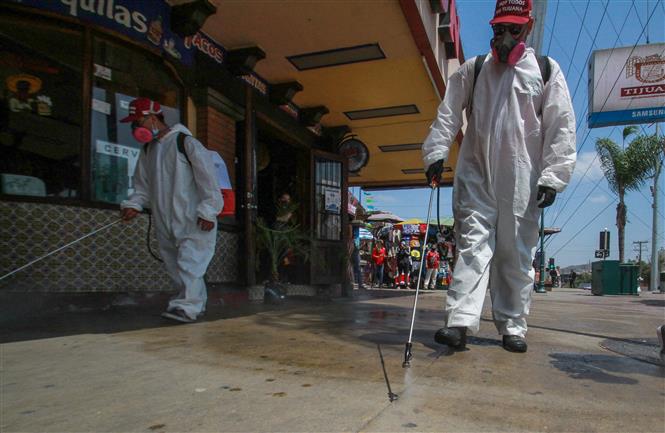  Công nhân phun thuốc khử trùng nhằm ngăn chặn sự lây lan của COVID-19 tại Tijuana, Mexico, ngày 1/7/2020. Ảnh: THX/ TTXVN