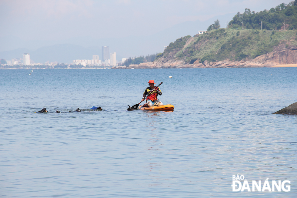 The Sasa rescuers stand on their boards and use a paddle to propel themselves through the water.