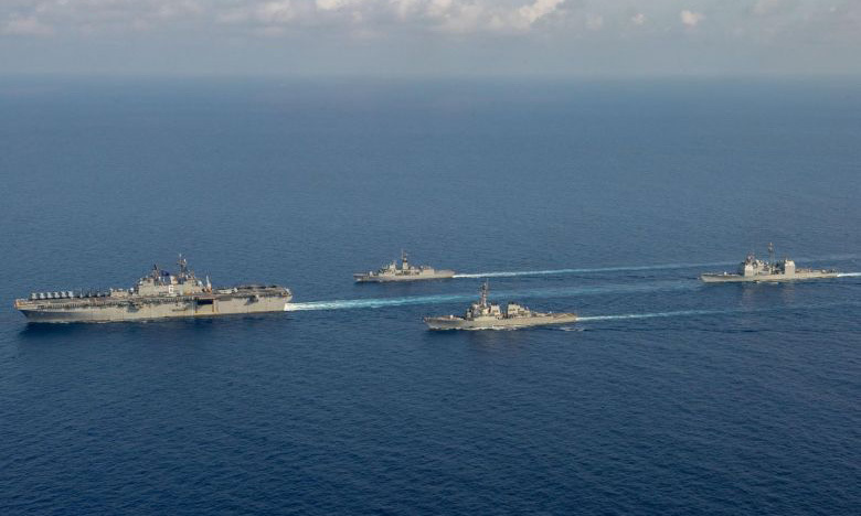 Nhóm tàu chiến Mỹ hoạt động trên Biển Đông hôm 18-4. Ảnh: Reuters.