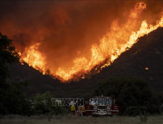 Khói lửa bốc lên từ đám cháy rừng tại Banning, California, Mỹ, ngày 1-8-2020. Ảnh: AFP/TTXVN