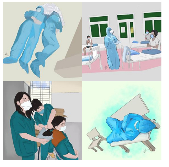 Hình ảnh các điều dưỡng cắt tóc ngắn, bác sỹ tranh thủ ngủ tạm được Nguyễn Minh Anh khắc họa trên những bức vẽ của mình.