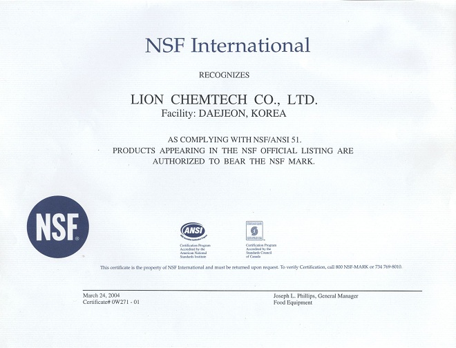Chứng chỉ NSF 51 của AB TriStone - Đá Solid Surface nhập khẩu từ Hàn Quốc.
