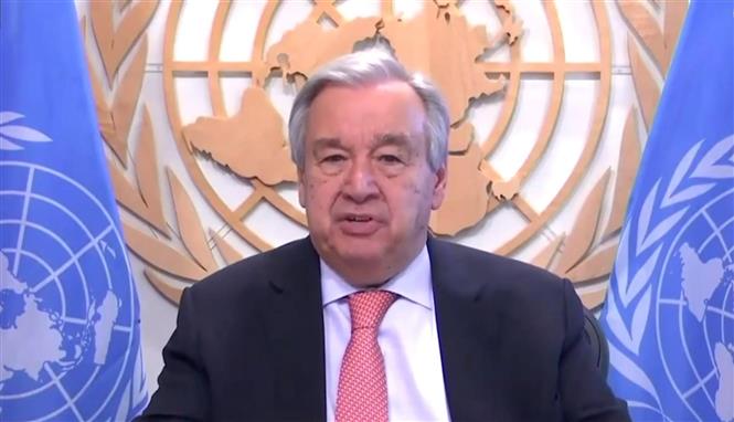 Tổng thư ký LHQ Antonio Guterres phát biểu tại cuộc họp báo trực tuyến ở New York, Mỹ ngày 25/6/2020. Ảnh: THX/TTXVN