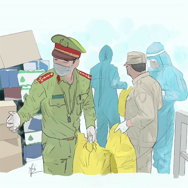 A sketch of a police officer, doctors and volunteers working at a quarantine centre in Đà Nẵng. 