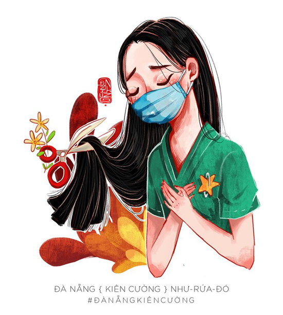 Bức của Đinh Nhung lấy cảm hứng từ bức ảnh y, bác sĩ trong khu cách ly giúp nhau cắt đi mái tóc dài. 