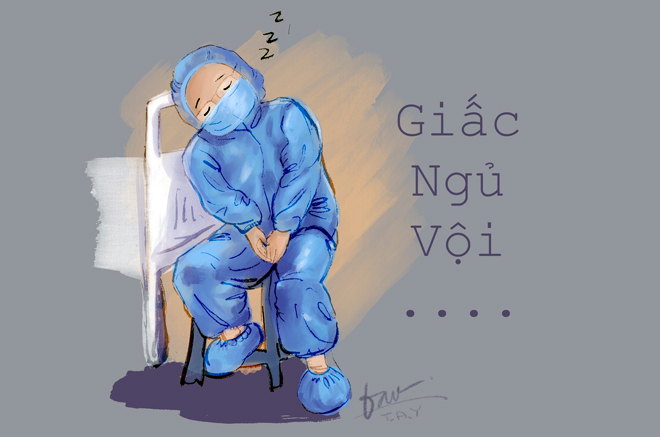 A sketch by Le Thanh Tai depicting a nurse’ hasty nap in a Covid-19 treatment zone