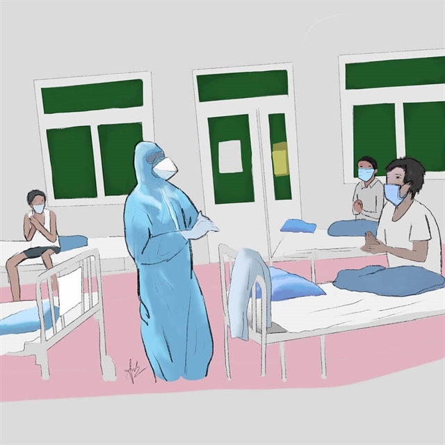A sketch features a doctor singing with COVID-19 patients at a hospital in Da Nang.