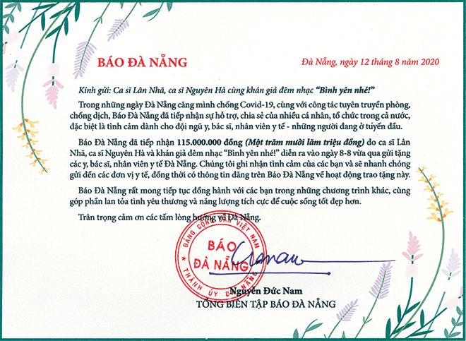 A thank-you note from the Editor-in-Chief of the Da Nang Newspaper Nguyen Duc Nam sent to singers Lan Nha and Nguyen Ha