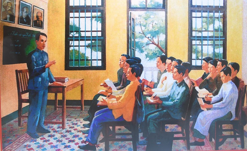 Tranh vẽ Bác Hồ đứng lớp, đào tạo cán bộ cho Cách mạng tại Quảng Châu, Trung Quốc.