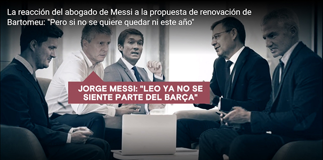 Việc Bartomeu (thứ 2, từ phải) sử dụng truyền thông như một công cụ phục vụ lợi ích cá nhân có thể khiến ông Jorge Messi (thứ 2, trái sang) cùng Lionel thay đổi quyết định về tương lai của siêu sao người Argentina. Ảnh: CUATRO
