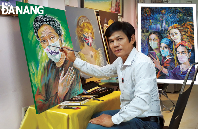 Painter Le Sa Long beside his publicly-launded paintings