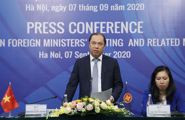 Deputy Foreign Minister Nguyễn Quốc Dũng, ASEAN Seniors Officials Meeting (SOM) leader of Việt Nam speaks at an international press conference on Monday. — VNA/VNS Photo Dương Giang