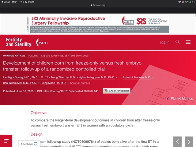 Vietnamese researchers’ study has been published in the international journal Fertility and Sterility. VNS Photo Gia Lộc