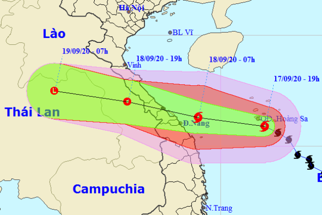 Họa đồ vị trí và hướng di chuyển của bão số 5 (Nguồn: Trung tâm Dự báo khí tượng thủy văn Quốc gia)