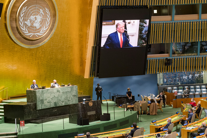 Tổng thống Mỹ Donald Trump phát biểu qua video tại kỳ họp thường niên của Đại hội đồng Liên Hợp Quốc. Ảnh: Reuters