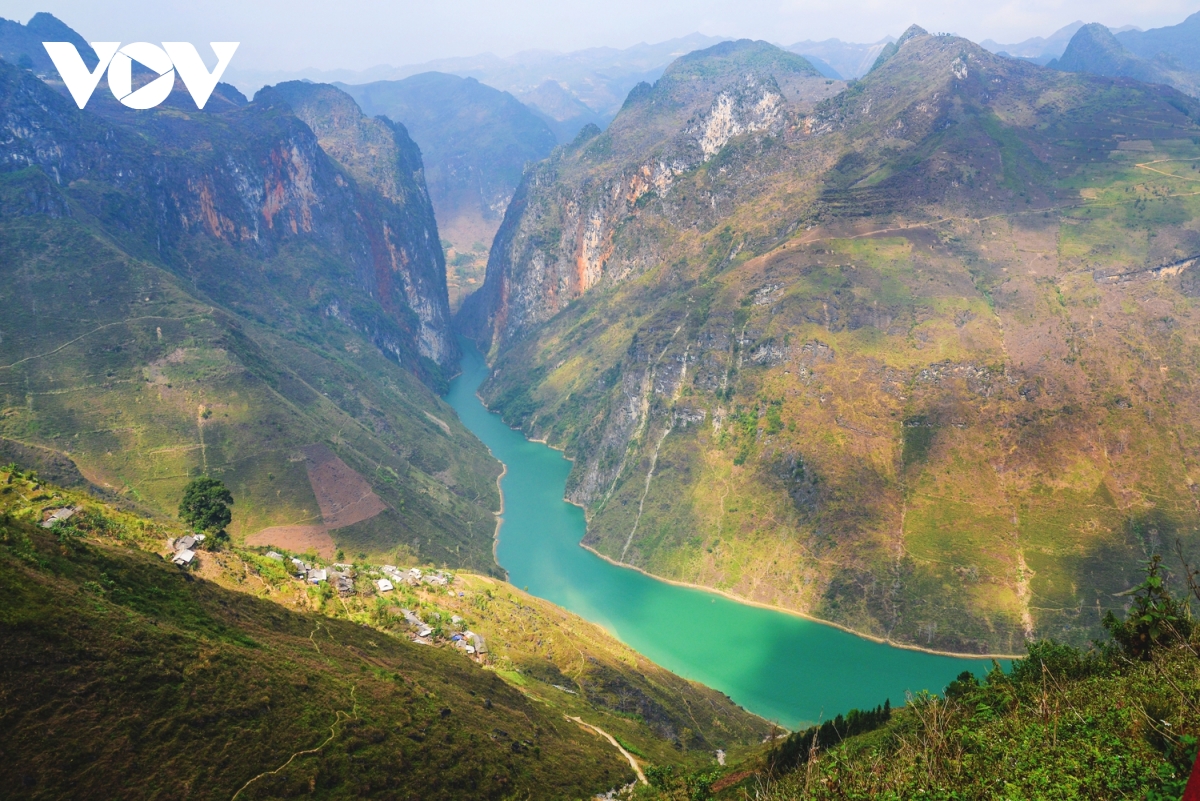 Từ lưng chừng đèo Mã Pì Lèng nhìn xuống dòng sông Nho Quế, nắng vàng như mật ngọt vắt từ đỉnh núi này tới thung lũng kia khiến dòng sông dường như cũng xanh hơn, trong hơn.