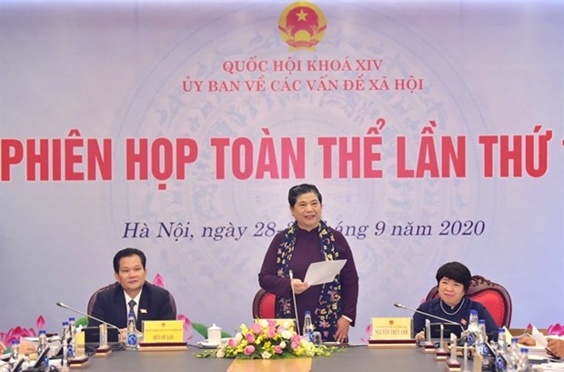 Permanent Deputy Chairwoman of the National Assembly Tong Thi Phong (standing) gives a speech at the meeting (Photo: VNA)