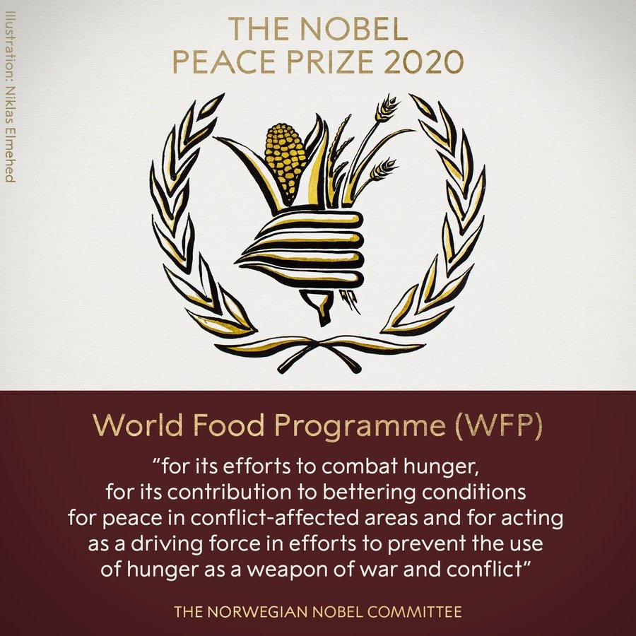 Chương trình Lương thực Thế giới (WFP) được trao giải thưởng Nobel Hòa bình 2020. Ảnh: Nobel Prize.