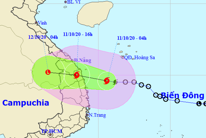 Họa đồ vị trí và hướng di chuyển của bão số 6 (Nguồn: Trung tâm Dự báo Khí tượng thủy văn Quốc gia).