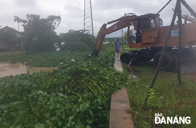 Functional bodies in Hoa Tien Commune clearing drainage ditches, and collecting water hyacinths and rubbish at rainwater inlets on road surface, in order to ensure efficient drainage of rainwater.