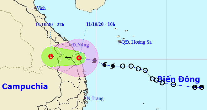 Họa đồ vị trí và hướng di chuyển của áp thấp nhiệt đới (Nguồn: Trung tâm Dự báo Khí tượng thủy văn Quốc gia)