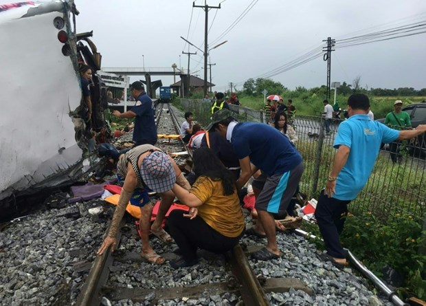 The bus and train collided at a location in Chachoengsao province, around 50km east of Bangkok. (Source: Bangkok Post)