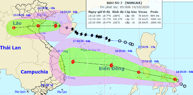 Họa đồ vị trí và hướng di chuyển của bão số 7 (Nguồn: Trung tâm Dự báo Khí tượng thủy văn Quốc gia).