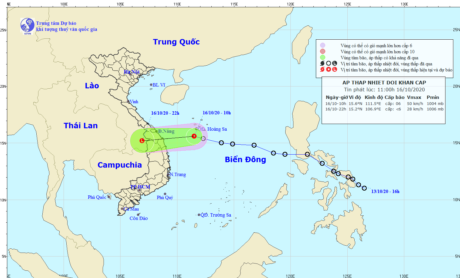 Họa đồ diễn biến áp thấp nhiệt đới khẩn cấp từ Trung tâm Dự báo khí tượng thủy văn quốc gia