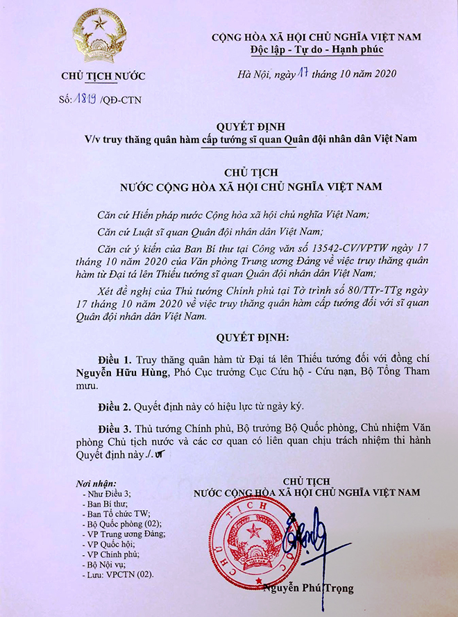 Chủ tịch nước quyết định truy thăng quân hàm từ Đại tá lên Thiếu tướng đối với đồng chí Nguyễn Hữu Hùng, Phó Cục trưởng Cục Cứu hộ - Cứu nạn, Bộ Tổng Tham mưu.