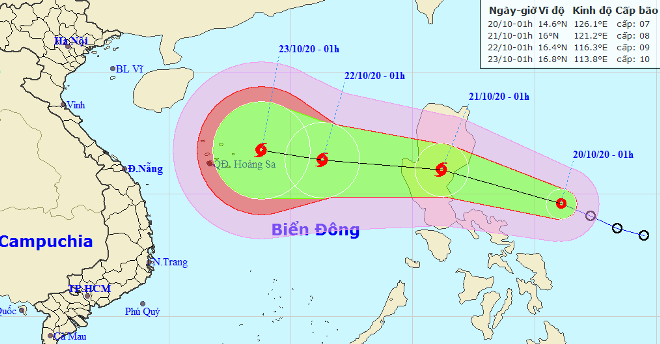 Họa đồ vị trí và hướng di chuyển của áp thấp nhiệt đới (Nguồn: Trung tâm Dự báo Khí tượng thủy văn Quốc gia)