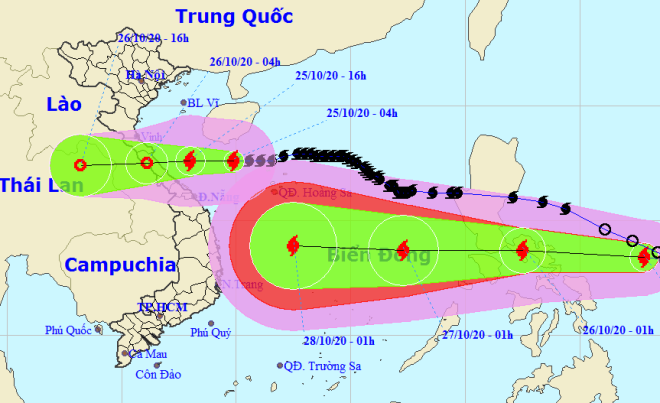 Họa đồ vị trí và hướng di chuyển của 2 cơn bão (Nguồn: Trung tâm Dự báo Khí tượng thủy văn Quốc gia).