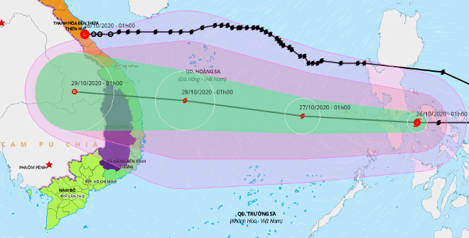 Họa đồ vị trí của vùng áp thấp suy yếu từ bão số 8 (đường trên) và vị trí, hướng di chuyển của bão Molave (đường dưới). Nguồn: Hệ thống Giám sát thiên tai Việt Nam - Tổng cục Phòng chống thiên tai.