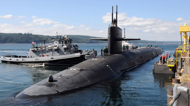 Mỹ không tham gia hiệp ước cấm vũ khí hạt nhân. TRONG ẢNH: Tàu ngầm tên lửa đạn đạo lớp Ohio USS Louisiana ở căn cứ hải quân Kitsap-Bangor (Mỹ). Ảnh: Nikkei
