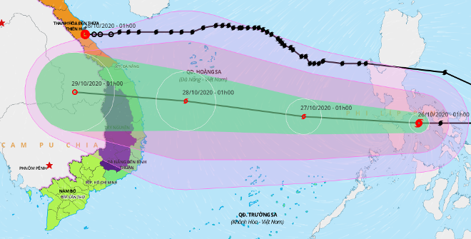 Storm Molave‘s expected track (bottom line) and that of the tropical depression degrading from storm Saudel (Source: Viet Nam Disaster Management Authority (VNDMA), 
