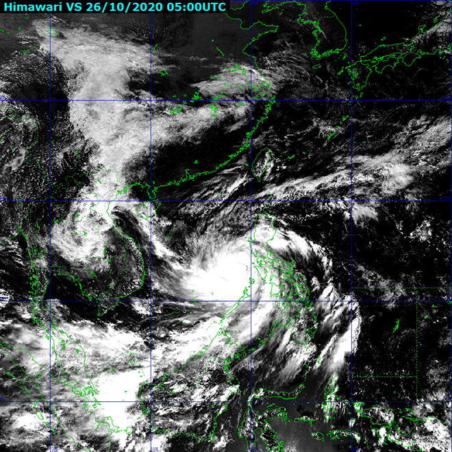 Ảnh vệ tinh cho biết tâm bão di chuyển theo hướng tây với sức gió cấp 12 giật cấp 14. Nguồn: Trung tâm Dự báo khí tượng thủy văn Quốc gia.