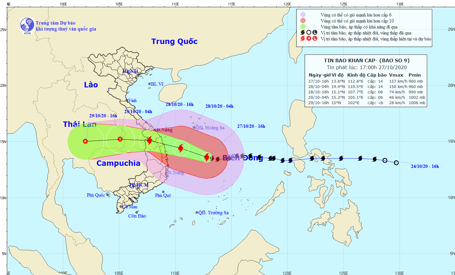 Họa đồ di chuyển của báo số 9 lúc 16 hiowf ngày 27-10 của Trung tâm Dự báo khí tượng thủy văn Quốc gia