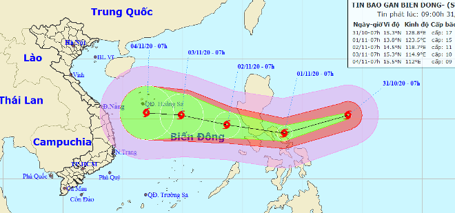 Họa đồ vị trí và hướng di chuyển của siêu bão Goni (Nguồn: Trung tâm Dự báo Khí tượng thủy văn Quốc gia).