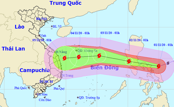 Họa đồ vị trí và hướng di chuyển của bão Goni (Nguồn: Trung tâm Dự báo Khí tượng thủy văn Quốc gia)